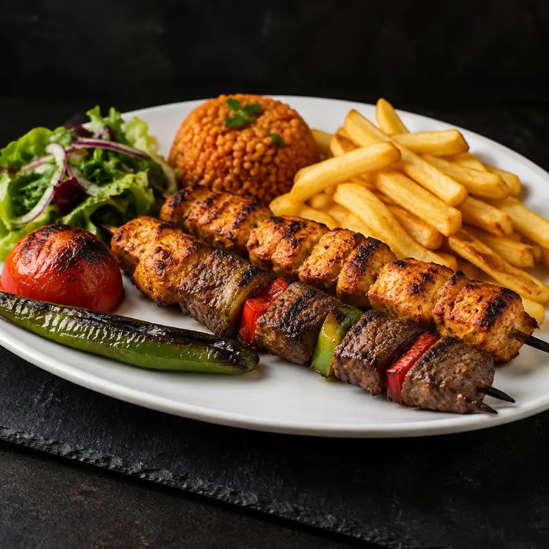 Assiette brochette mix : brochettes de poulet et de bœuf aux poivrons, frites, boulgour et salade