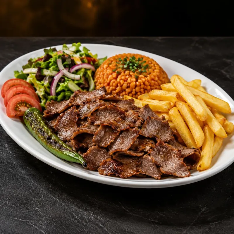 Assiette kebab : viande kebab, frites, boulgour à la tomate, salade, tomate et piment vert grillé