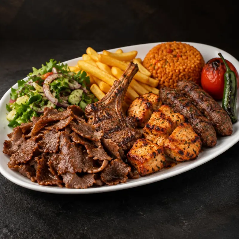 Assiette mixte : kebab, côtelette d'agneau, poulet grillé et köfte, frites, boulgour et salade