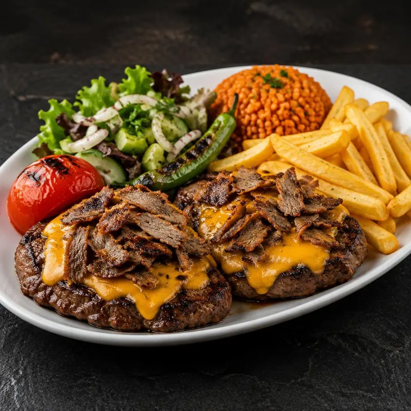 Assiette royale : deux steaks au cheddar fondu et viande kebab, frites, boulgour et salade