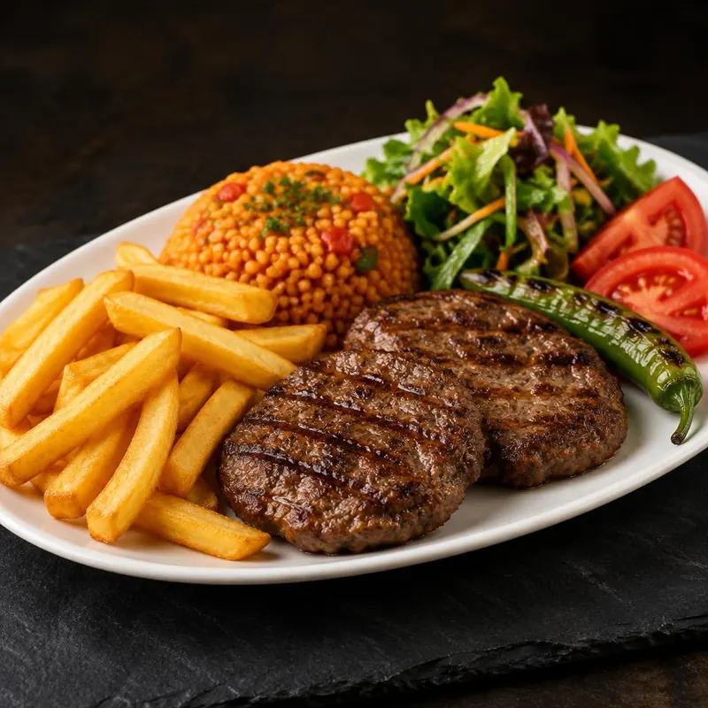 Assiette steak haché : deux steaks grillés, frites, boulgour, salade, tomate et piment vert