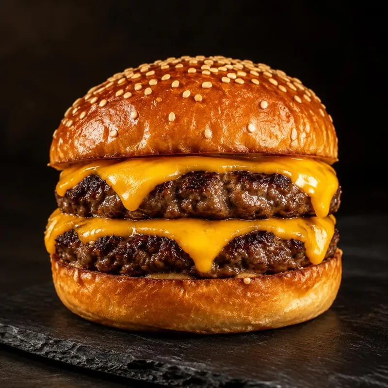 Double cheese maison : deux steaks et deux tranches de cheddar dans un pain brioché au sésame