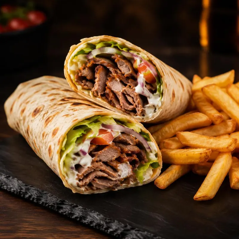 Galette kebab : wrap roulé garni de viande kebab, salade, tomate, oignon et sauce blanche, avec frites