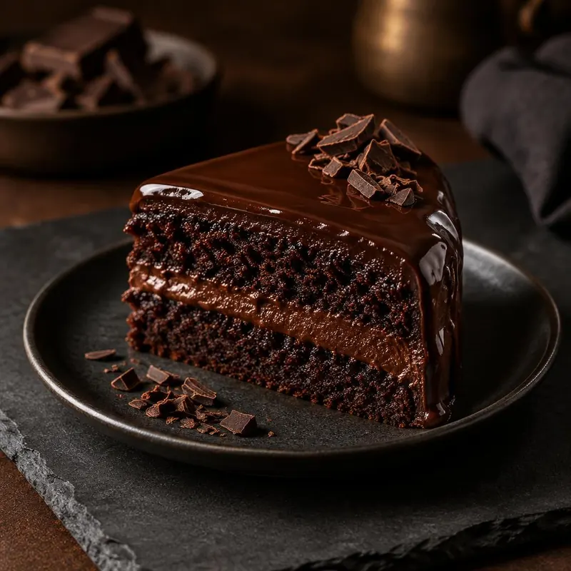 Part de gâteau au chocolat nappé de ganache