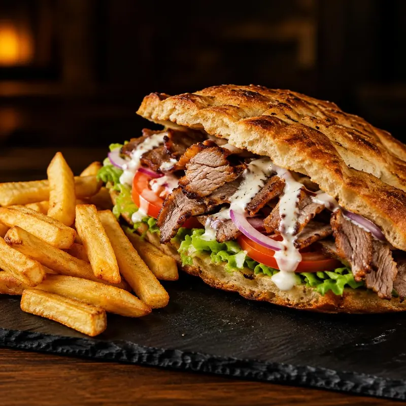 Sandwich kebab en pain turc : viande kebab, salade, tomate, oignon et sauce blanche, avec frites
