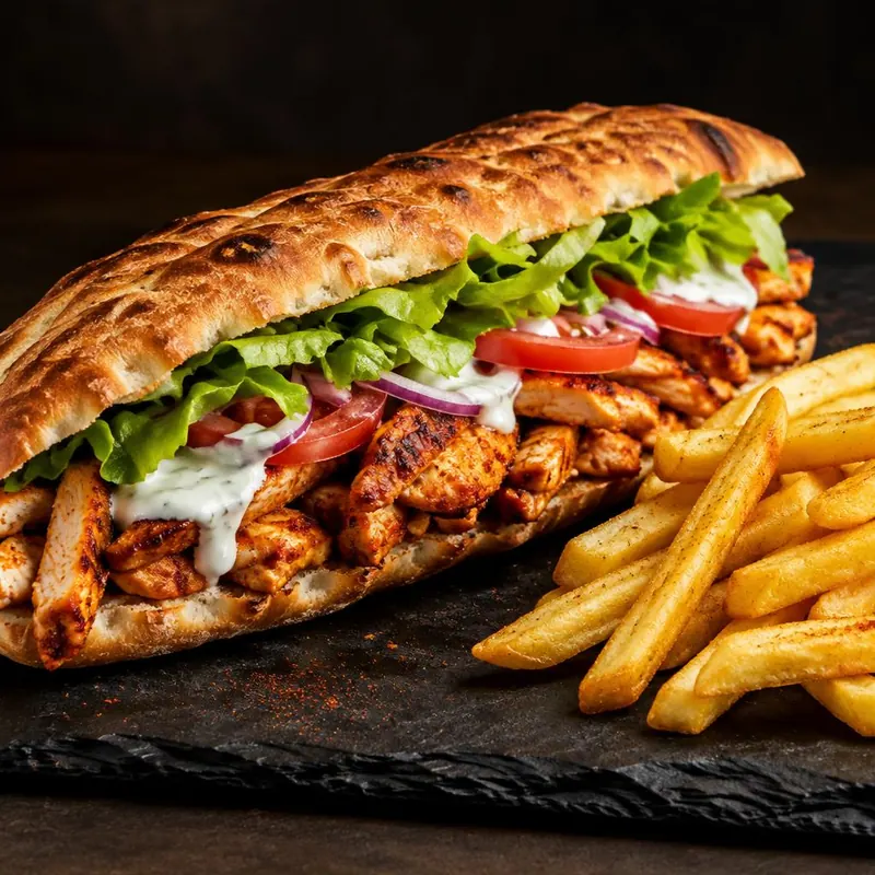 Sandwich poulet en pain turc : morceaux de poulet grillé épicé, salade, tomate et sauce, avec frites