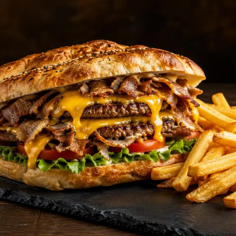 Sandwich Royal en pain turc : deux steaks, viande kebab et cheddar fondu, avec frites