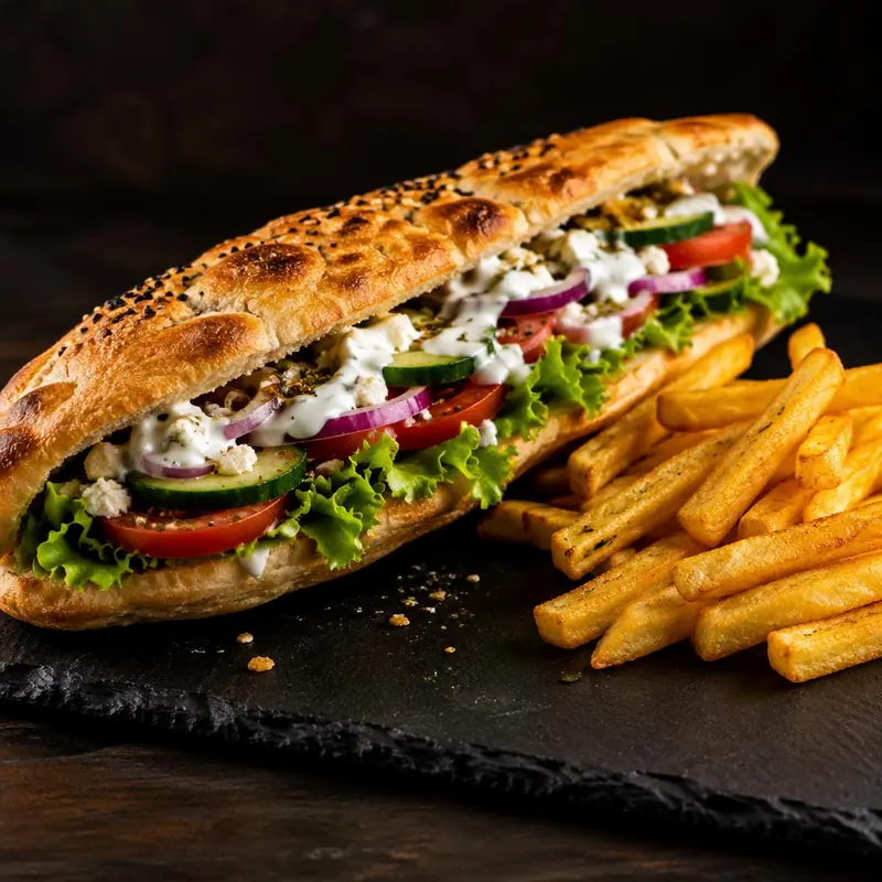 Sandwich végétarien en pain turc : crudités, concombre, tomate, oignon rouge et feta, avec frites