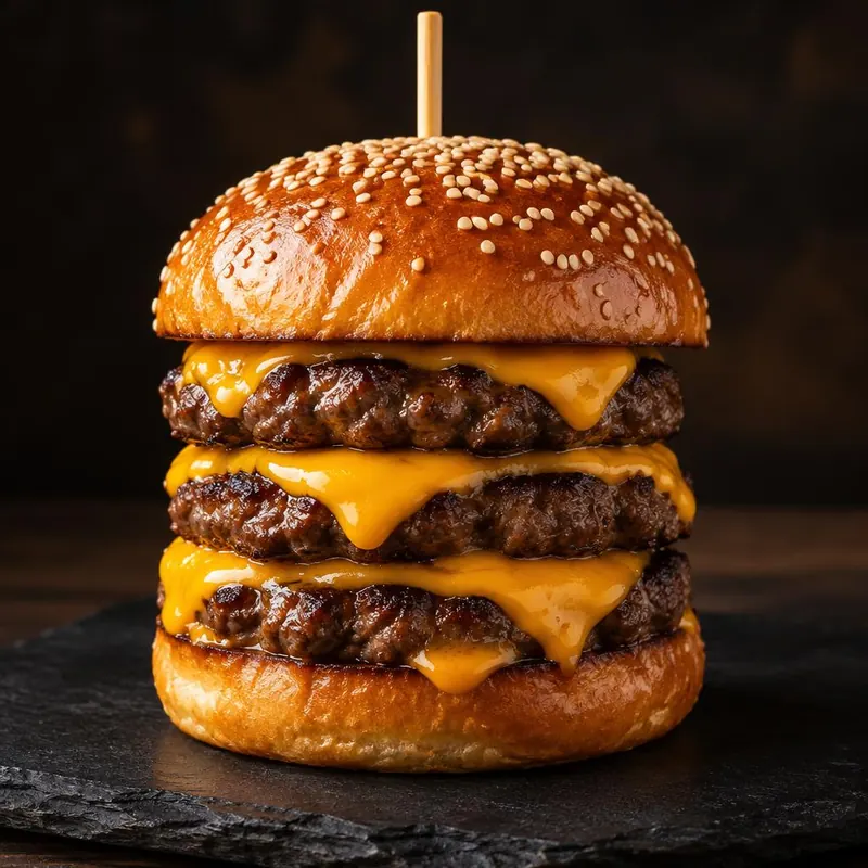 Triple cheese « Burger spécial » : trois steaks et cheddar fondu dans un pain brioché au sésame